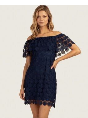 Trina Turk Bardot Off-Shoulder Navy Lace Mini Dress - Large